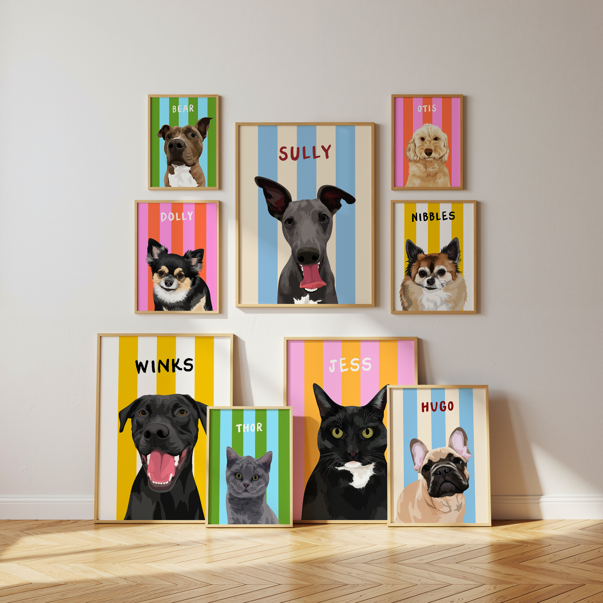 A Collection of framed custom pet portraits with colourful stripes and names on a wall made in UK