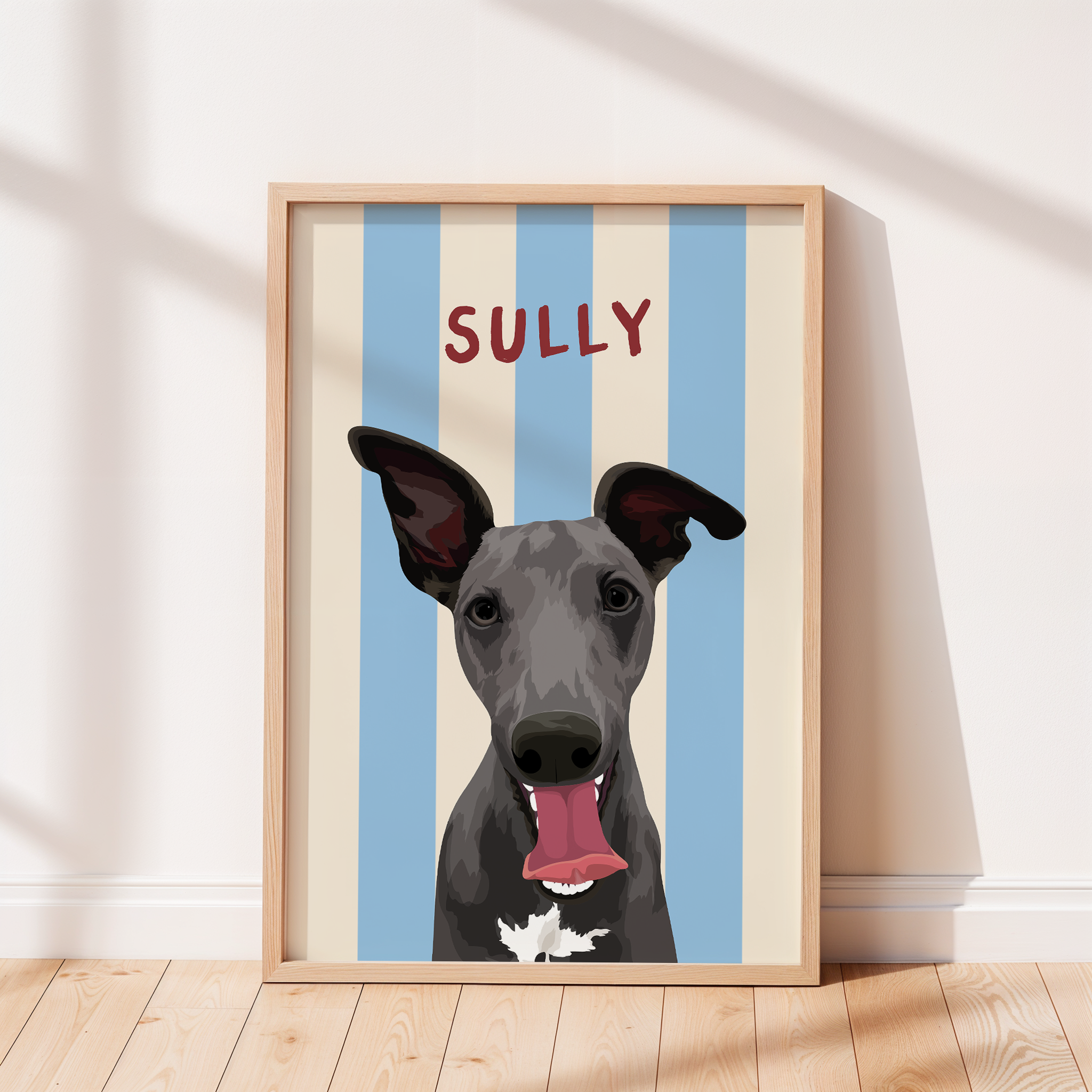 Framed custom pet portrait of a black dog named Sully with blue and cream beach stripes background — handmade dog portrait artwork from the a pet portraits collection